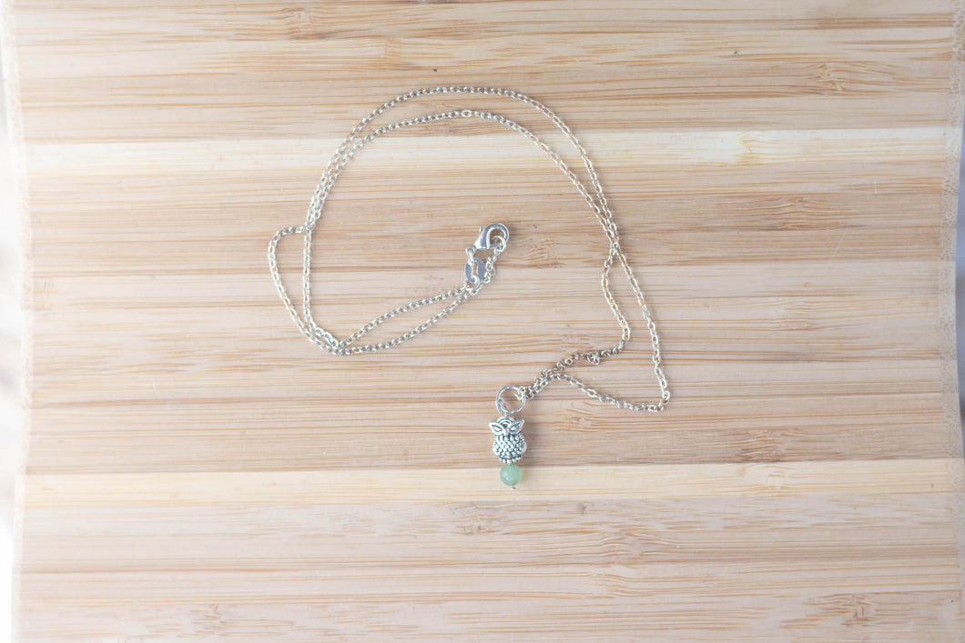 Silver plated necklaces, semi precious stones, owl pendant, jade green, glass beads, handmade